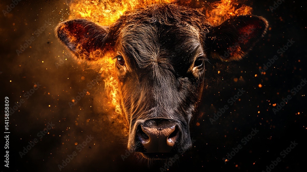 Poster cow is surrounded by blazing fire against a dark backdrop creating a dramatic and intense visual eff