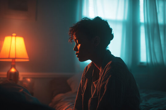 Silhouette of young woman in dimly lit bedroom, illuminated by warm lamplight and cool window light, conveying feelings of introspection and solitude