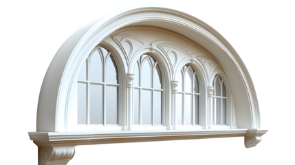 A high-definition, realistic classic arched window design, isolated on a white background