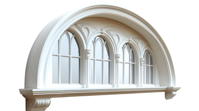 A high-definition, realistic classic arched window design, isolated on a white background