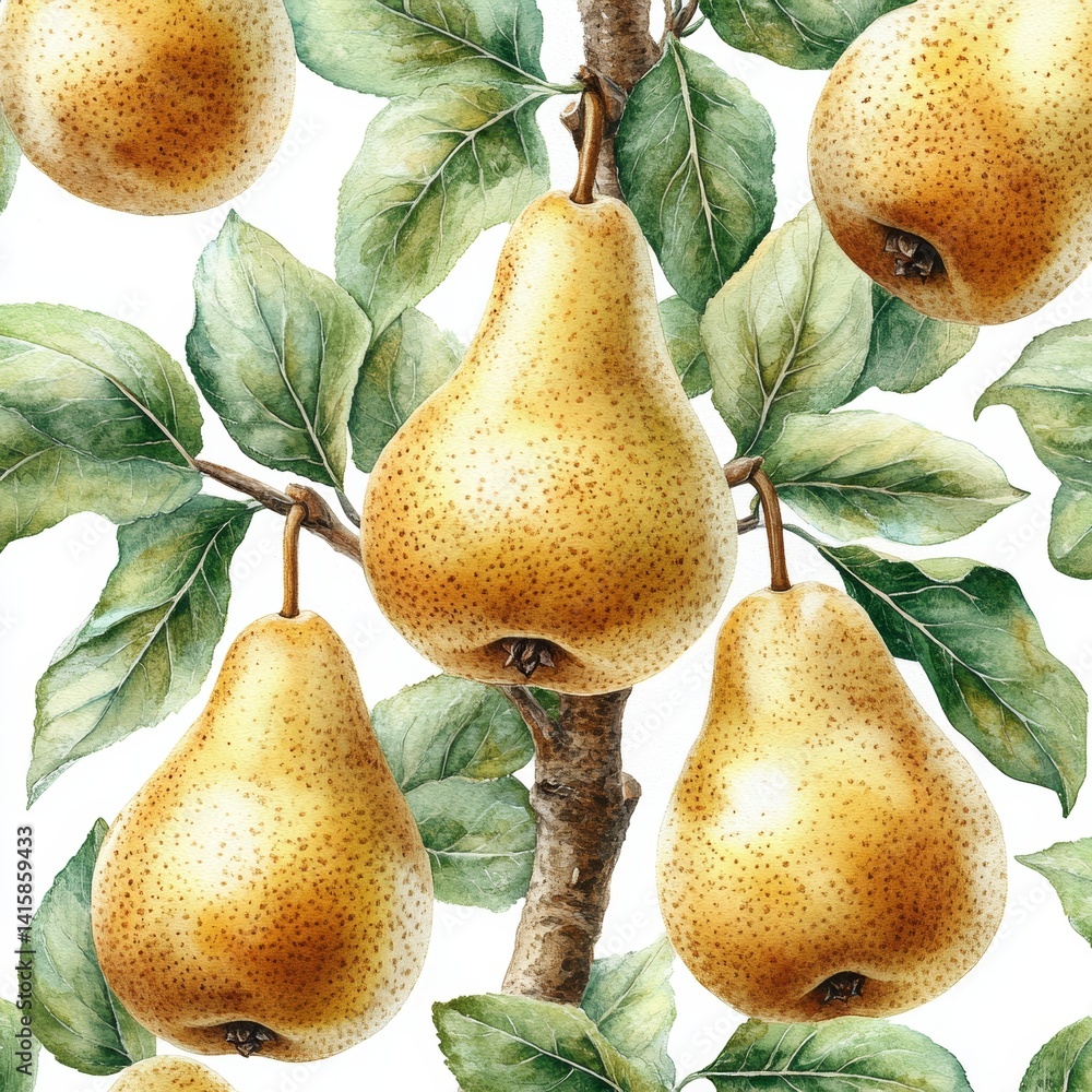 Poster the illustration features a pear twig on a seamless background accompanied by pear fruit and a leaf,
