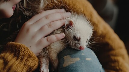 Gently Stroking a Sleeping Ferret in a Child's Lap, Capturing Trust