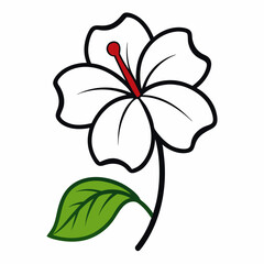 Hibiscus flower line art with leaf isolated on white background
