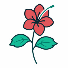 Hibiscus flower line art with leaf isolated on white background