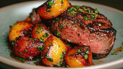 Grilled meat and roasted peaches dish delicious food photography for culinary websites and menus