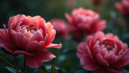 Fototapeta premium Close-up of beautiful red peony flower blossom. Romantic natural background with dark green foliage. Soft focus, petals details. Fresh, healthy, natural, floral wallpaper concept.