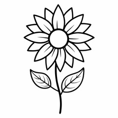 Sunflower line art with leaf isolated on white background