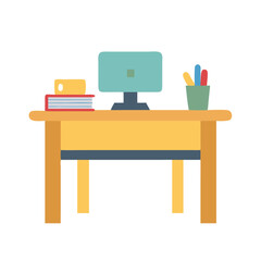 Flat Design Study Desk with Computer and Accessories