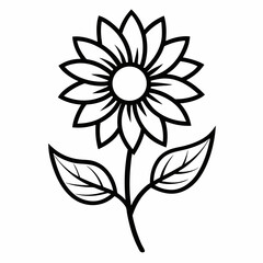 Sunflower line art with leaf isolated on white background