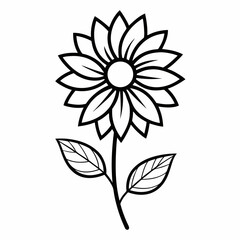 Sunflower line art with leaf isolated on white background