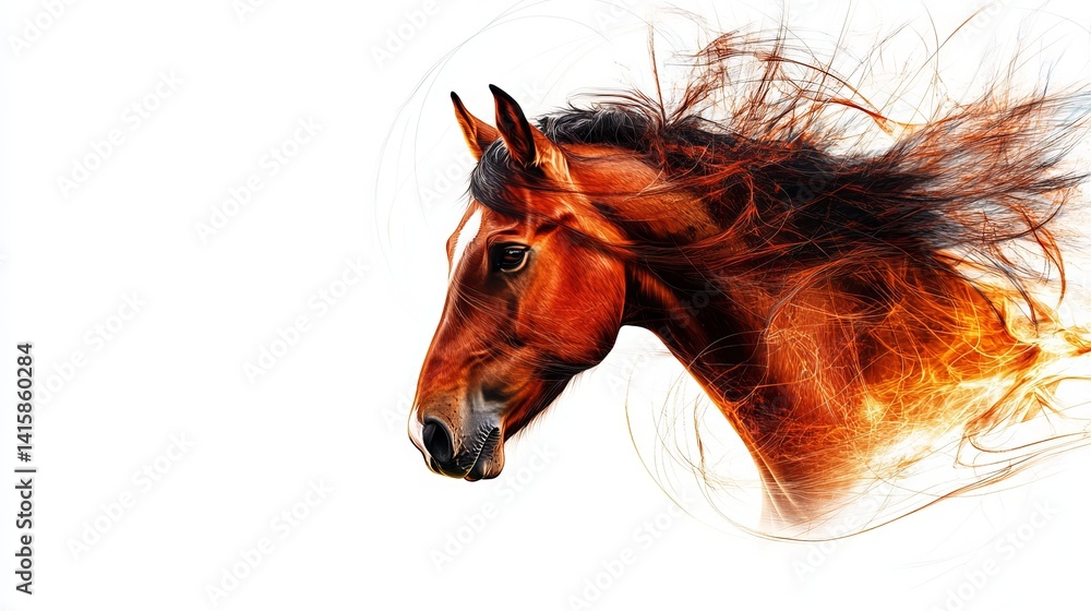 Poster digital artwork shows a brown horse head in profile with abstract lines simulating movement against 