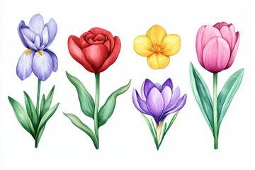Obraz premium Floral elements are depicted as watercolor garden flowers, specifically magnolia, iris, roses, hellebore, and crocus, isolated on white