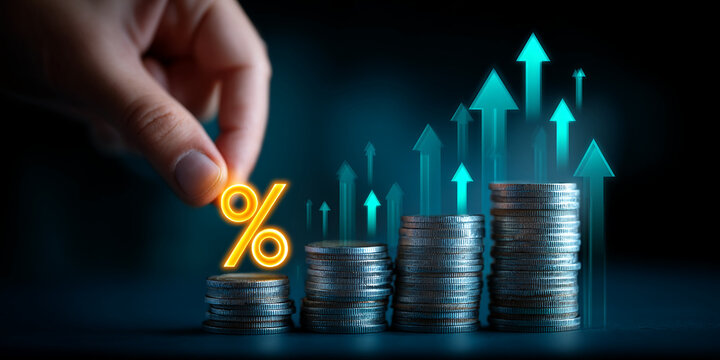 Hand placing percentage symbol on growing stacks of coins, symbolized by upward arrows, illustrating financial growth and interest rate increase