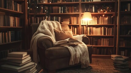 A cozy reading nook with an oversized armchair, warm lighting, and a stack of books --ar 16:9 --v 6.1 Job ID: 030b1f2a-90a3-4295-afdf-70de89edf3e7