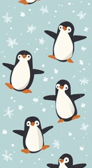 Fototapeta premium Cute Cartoon Penguins with Snowflakes on Light Blue Background