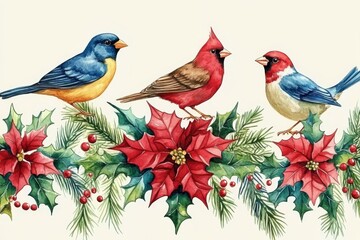 Obraz premium This hand-painted watercolor artwork depicts a red cardinal perched on a branch with holly berries and poinsettia, creating a stunning scene