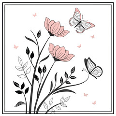 Fototapeta premium Elegant Floral Design with Butterflies and Delicate Pink Flowers
