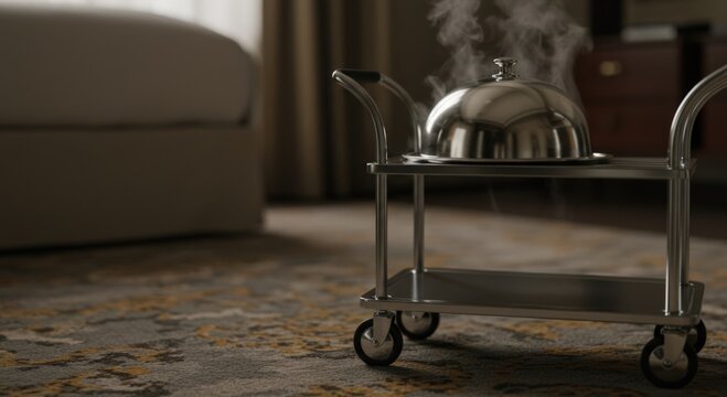 hotel room service cart with steaming cloche, showcasing luxury dining experience. cozy ambiance highlights elegance, convenience, and relaxation in a high-end hotel suite setting.