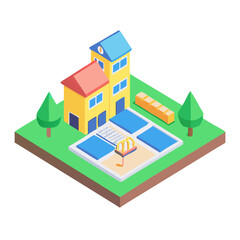 Isometric Neighborhood Illustration with Houses, Pool, and Trees