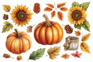 Pumpkins, leaves, and sunflowers are the quintessential elements of autumn harmony, used to create seasonal decor that embodies the cozy spirit of Thanksgiving, as beautifully captured in watercolor