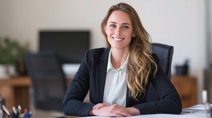 Happy Australian Woman in Business Suit Sitting at Office Desk