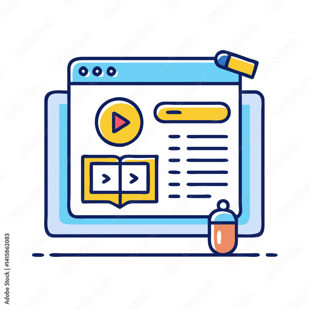 Poster online learning course on computer with book icon