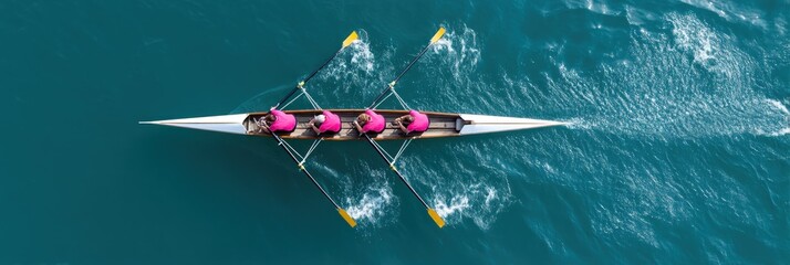 Aerial view of a four-person rowing team competing on a teal-colored body of water