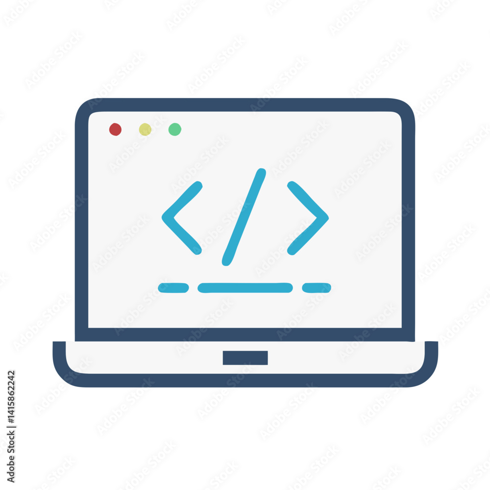Poster laptop coding icon: software development and web design
