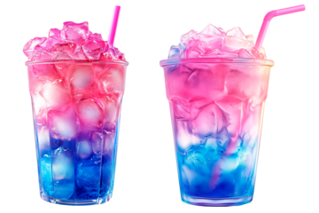 Set of vibrant gradient cocktails with ice cubes and straws isolated on a transparent background. Refreshing summer beverages.