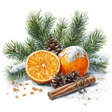 watercolor oranges, pine, cinnamon, winter scene clip art preview