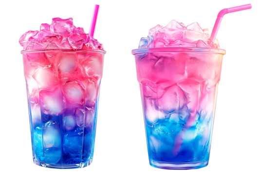 Set of vibrant gradient cocktails with ice cubes and straws isolated on a transparent background. Refreshing summer beverages. - Powered by Adobe