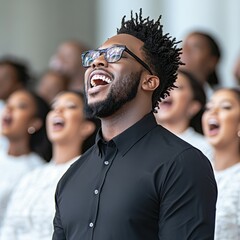 Obraz premium African american man pastor in black shirt leading church choir wearing all white cheerfully smiling and excited people singing emotionally unfocused in background. Power of music and feith concept.
