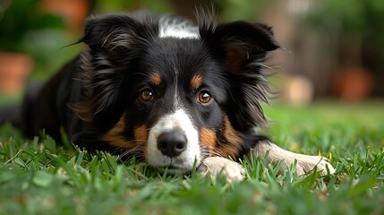 Fototapeta premium Border Collie Lying In Grass Under Tree Shadow, Soft Lighting And Loyalty In Eyes --Ar 16:9 --S 975 --V 6.0 --Style Raw** - @Darya (Relaxed)