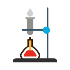 Chemistry lab setup icon, flask with liquid reaction