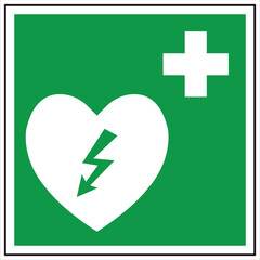 International automated external defibrillator sign indicating the presence of a defibrillator device