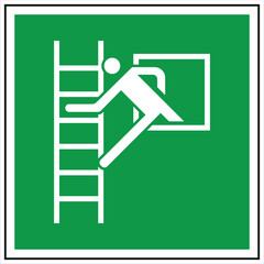 Green emergency escape sign with white icon of person using ladder to reach an exit