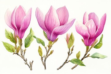 Fototapeta premium A hand-painted botanical illustration of pink magnolia flowers is available as watercolor clipart for isolated use in wedding invitations and design projects