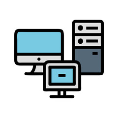 Computer setup with desktop, laptop, and server icon