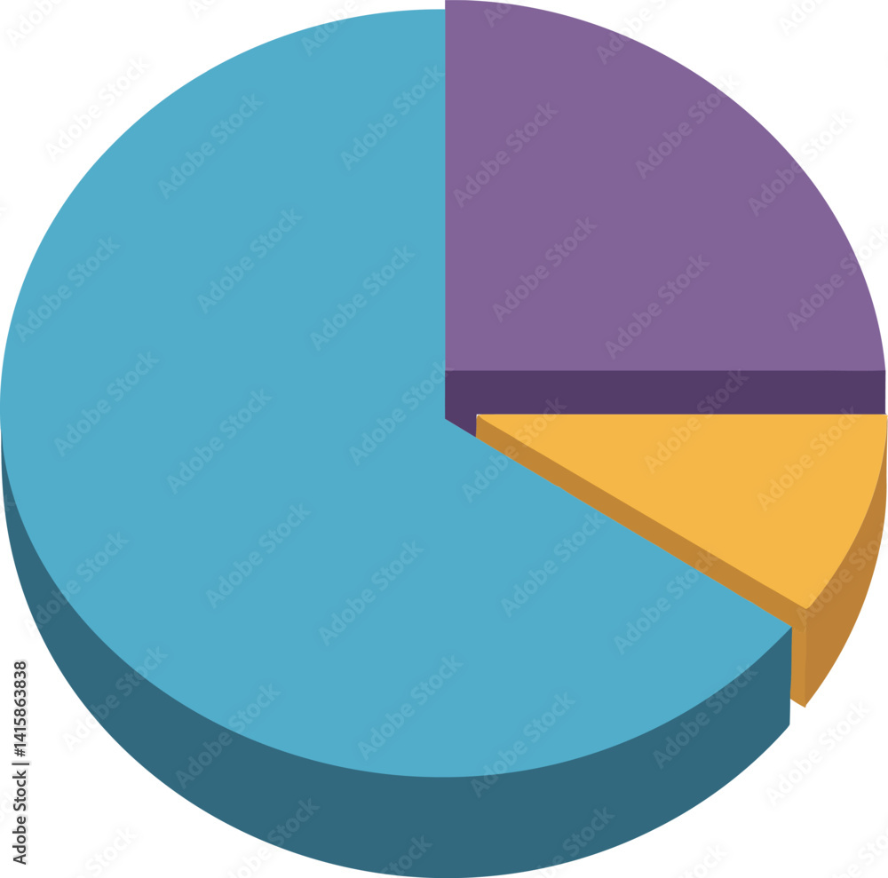 Poster three-section pie chart with blue purple and yellow segments in minimal flat design vector illustrat