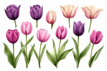 Naklejka premium Isolated set of flowers including a watercolor bouquet with pink tulips, yellow iris, and lavender, created as a hand-painted floral botanical design