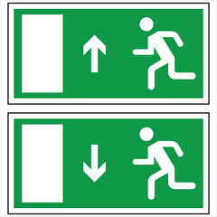 Green emergency exit signs with white running man and arrows indicating upward and downward escape routes