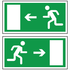 Green emergency exit signs indicating escape routes with running person and arrows