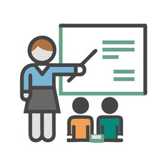 Female teacher giving lesson to students icon illustration