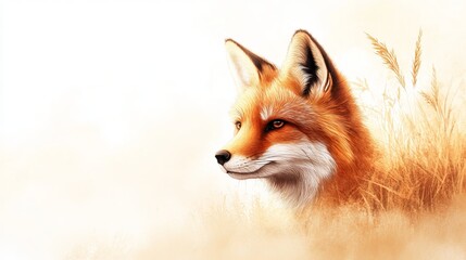 Fototapeta premium Fox portrait displays orange fur and intense amber eyes surrounded by tall grass on a white background.