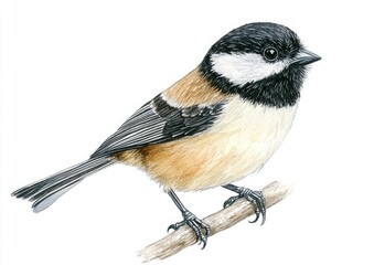Obraz premium Black capped chickadee songbirds are depicted sitting on a branch in a watercolor illustration set against a white background