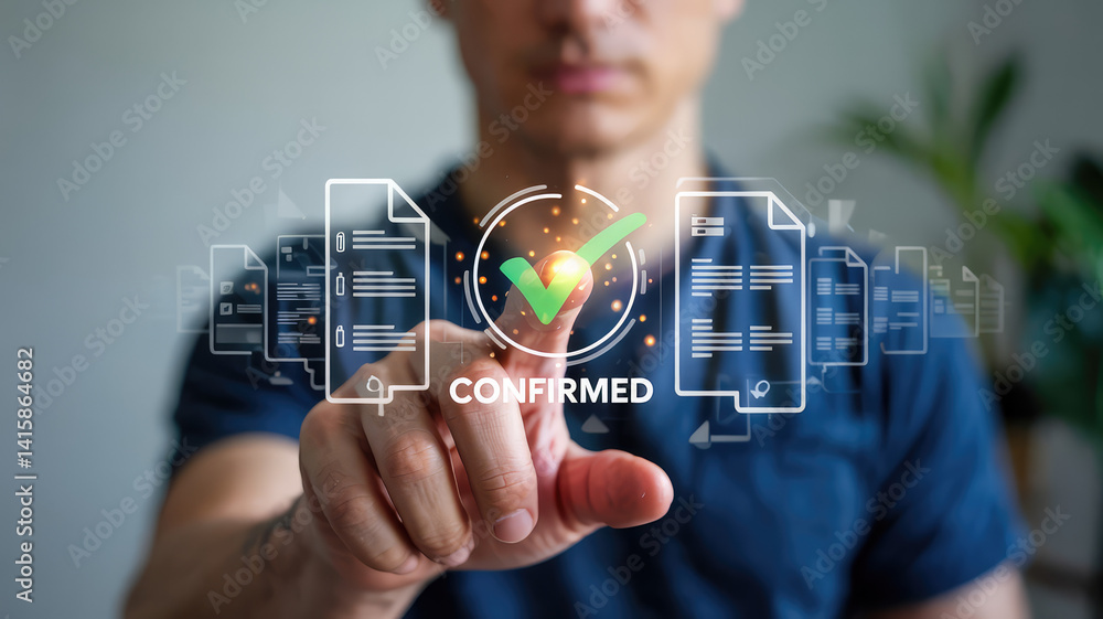 Aufkleber confirmation check: a man uses a finger to confirm a digital checkmark on a holographic interface, s