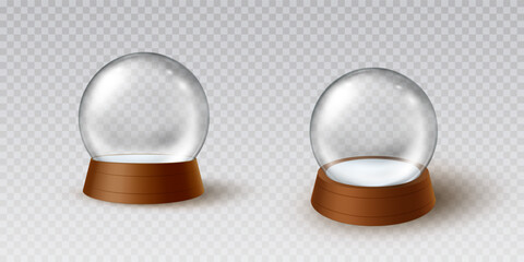 Snow globe or Christmas ball isolated on transparent background. Vector 3d glass snowglobe template