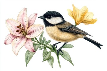 Obraz premium A tit bird is depicted sitting on a branch adorned with pink roses and green leaves in a beautiful watercolor illustration suitable for spring posters and designs