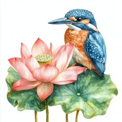 The elegant nature art design showcases a watercolor illustration of lilies, a blue bird, a kingfisher, and pink lotus flowers on a serene pond