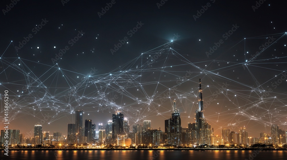 Poster smart city visualization with ai data points and big scale concepts